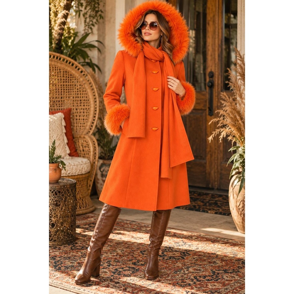 Retro Boho Mod Orange Women Coat Penny Lane Wool Blend Fur Trim Hood Scarf Long